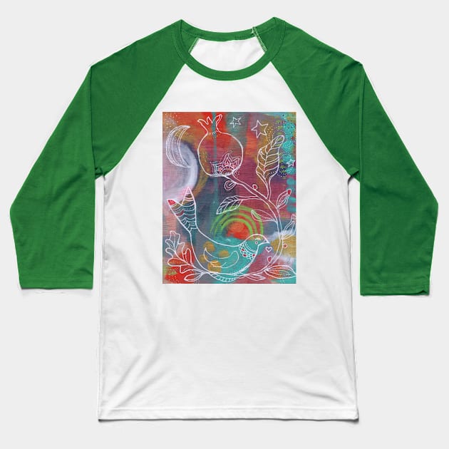 Winter Bird and Pomegranate Baseball T-Shirt by gaea